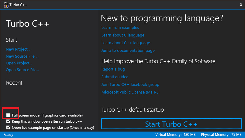 Setup Turbo C CPP Compiler in Windows - Start Screen