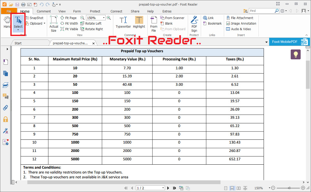 foxit reader opened table ready for copying into excel sheet